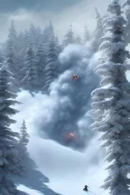 Up close to the foreground is a Man on skees trying to escape the avalanche coming down a the slope. Intense action with a sense of stress. High resolution 3d, 8k, trending on artstation. The snow in the background is overwhelming and the air is thick like smoke.