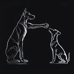 Striking one line art design featuring a side view of a Doberman dog and a man's raised hand in friendly fist bump. The man's arm is isolated, it emphasizes the bond and connection between the two. The Doberman has an affectionate expression. Intense black background. Simple but powerful design, symbolizes the connection between humans and pets