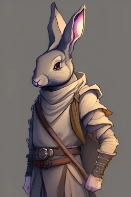 Portrait of a thin dark grey humanoid field rabbit as large as a person, who is a drunken monk for dnd but has ranger's clothing with their ears in a ponytail, and he also has a staff on his back and a flask in his hand. He also has mild battle scars on his face