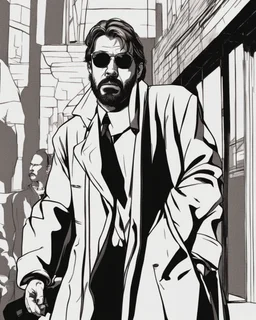 a young man who looks like hans gruber wearing a heavy coat and red sunglasses staring with an irritated look on his face