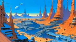 a futuristic city in the desert, art of Moebius