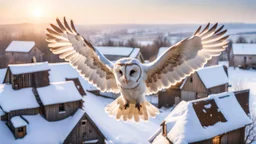 angel's view back to the camera a barn owl seen from the back from the top view flying over a winter small village, snowy landscape, little light, sunrise, some small Hungarian old country houses from above, perspective, high detailed, sharp focuses, photorealistic, cinematic