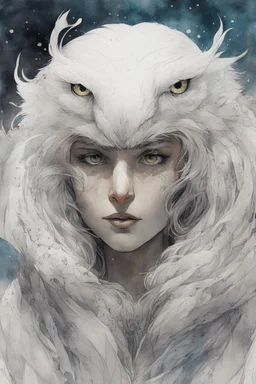 ink wash and watercolor illustration of a whimsical hybrid Snowy Owl girl with highly detailed feathers and facial features in the comic book style of Bill Sienkiewicz and Jean Giraud Moebius, with a fine art aesthetic, highly detailed , 4k UHD cinegraphic quality