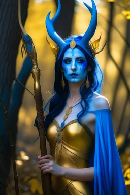 A picture of a beautiful blue faced indian goddess with skin painted blue, blue painted body, blue painted torso, wild black hair, stag antlers, elven ears, golden skirt, holding a staff in a sunny forrest