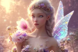 one very little beautiful fairy on a big crystal subtle flower in a galactic ambiance, transparent petals, delicate colors, in the foreground, full of details, smooth, bright sunshine，soft light atmosphere, light effect，vaporwave colorful, concept art, smooth, extremely sharp detail, finely tuned detail, ultra high definition, 8 k, unreal engine 5, ultra sharp focus