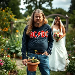 focus on a bride and groom serious wedding photo in a country garden, in far background queasy man with long hair in an AC/DC t shirt and jeans barfing into a flowerpot, photobomb, humorous, photoreal HD quality