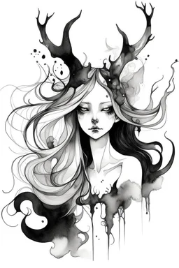 Watercolor black and white magic pixie with long hair