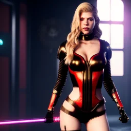 Actress, Katheryn Winnick, cyber woman, latex, sexy, blood, portrait, unreal engine 5, samurai, 16 bit, god lights, ultra hd, vibrant color, night city background, neon, front view.