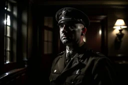 ww1 cop close-up, ww2 dark mansion hall background