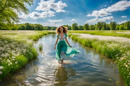 shot from front ,green field and wild flower field ,beautiful girl in pretty dress curly hair walking in water toward camera in trees next to wavy river with clear water and nice sands in floor.camera capture from her full body front, spring blosom walking to camera ,wild flowers moving in the wind ,blue sky,moving pretty clouds ,joy full facet.