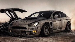 A Tesla's 'Model S Plaid' is racing at top speed, across the post-apocalyptic world of the 'Terminator' movies. CINEMATIC. WIDE ANGLE LENS. PHOTO REAL.