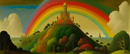 A rainbow empire with a giant castle painted by Henri Rousseau
