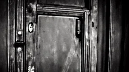 unhinged door, anime, monochrome, black background, ink, simple, maximum quality, broken hinge, barely functioning, why is it still being used it's a health hazard, centered on frame, far