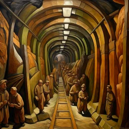 Brownish bronze underground mining tunnels painted by Diego Rivera