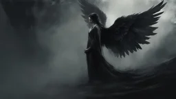 Dark and ethereal, the angel's black wings spread. Each wing carried with it an ancient story, a deep secret that hid in the shadows. cinematic detailed mysterious sharp focus high contrast dramatic volumetric lighting, :: mysterious and dark esoteric atmosphere :: digital matte painting by Jeremy Mann + Carne Griffiths + Leonid Afremov,, dramatic shading, detailed face