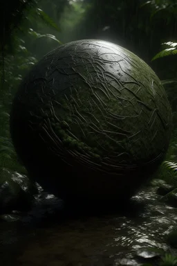 A mysterious old stone sphere in a dark and tranquil bosque with much flora and rain