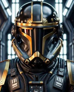 star wars bald male corellian pilot wearing dark gunmetal grey and black First Order special forces TIE pilot armored flightsuit and helmet with gold trim inside the jedi temple, centered head and shoulders portrait, hyperdetailed, dynamic lighting, hyperdetailed background, 8k resolution, volumetric lighting, light skin, fully symmetric details