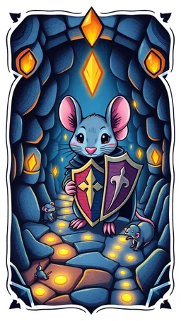 blue and black "Card front, rat knight with shield portrait, cute,featuring a mystical dungeon design with glowing trails, tiny cartoon rats exploring paths, whimsical fantasy vibe, glowing runes, vibrant and colorful, symmetrical layout, polished illustration style."