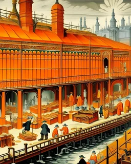 An orange colored crystal factory in a plague painted by Edward Hicks