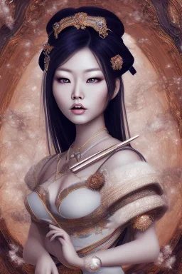 a wonderfull woman hitomi tanaka, full body, geisha fantasy, big curves, voluminous long black hair, ultradetailed fine art photo of a indian, weet face portrait, snow flakes parti