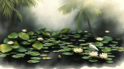 Tropical swamp with dark water covered in giant water lilies, a white heron walking among the plants, low fog and warm humid air., (luminous watercolor painting:1.4), (transparent pigment washes:1.3), wet-on-wet soft edges, granulating pigment texture, (visible cold press paper texture:1.3), delicate color blooms, dreamy atmospheric quality, botanical or landscape subject, 8k scan, (watercolor:1.4), masterpiece fine art, (expressive charcoal drawing:1.4), bold gestural strokes, (smudged atmosphe