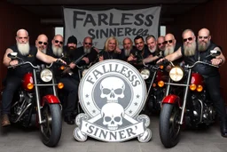 a very hard and tuff motorcycle bald gang, not old, posing with their Harley Davidsson bikes, some of them holding guns and shotguns, a logo sign with Falköpings HD Club, "Fearless sinners" Skulls and bones, skeletons