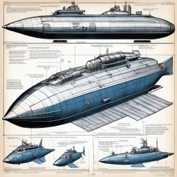 [Blueprint and 3D detailed technical view with all specs in Marvel Comics Silver Age illustration style (1976)] Ultimate design for the heavily armed SCUBA scout with six fins, in the vein of a submarine high impact vehicle for a quick action or some such.
