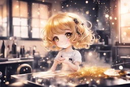 cute chibi anime hairdresser girl cutting hair in a hairdresser saloon in sunshine, watercolor and black ink, sparkling golden glitters, ethereal, cinematic postprocessing, bokeh, dof