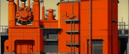 An orange colored ferro factory with gears painted by Piet Mondrian