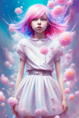 pop manga, a little girl, pink hair, colorful, watercolor splash, white dress, rainbow flowers, in the style of Camilla d'Errico, hyper detailed, beautiful, complex, trending on artstation, cryengine, national geographic photo, chiaroscuro