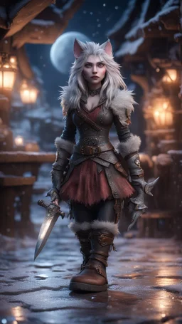 wolfs mane,moon, fluffy boots, full figure with metallic stone gauntlets holding dark jagged dagger, standing on frozen wet tiled floor outside fantasy tavern, focused female brownie vampire gnome from worms armageddon wearing makeup, bokeh like f/0.8, tilt-shift lens 8k, high detail, smooth render, down-light, unreal engine, prize winning