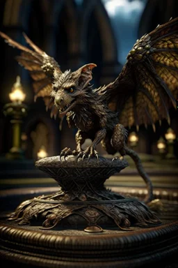 terrifying winged furry rat hovering above gargoyle sculpture with rattle snake head on underground bone bridge, wizard fireball in background, in the style of fantasy movies, photo-realistic, shot on Hasselblad h6d-400c, zeiss prime lens, bokeh like f/0.8, tilt-shift lens 8k, high detail, smooth render, down-light, unreal engine 5, cinema 4d, HDR, dust effect, vivid colors