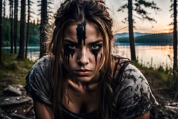 Warrior girl with thick black tears down her face, gritty, crouching down low at edge of thick forest looking at lake shore, at dawn, focused, determined, photo realistic photograph