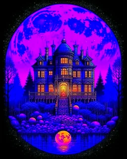 Moon, glowing purple hues night, shadowy old mansion surrounded by cemetery garden, dark forest in the background,HDR,UHD,8K, best quality, masterpiece, Highly detailed, ultra-fine painting, Urban Pulse::2 Street Art, deconstructionism, typographic expression, vibrant colors, urban surrealism, synthwave:: t-shirt vector, center composition graphic design, plain background::2 mockup::-2 --upbeta --ar 1:1