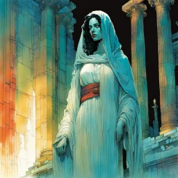 create an imaginative drawing of the pale translucent ghost of an ancient female Oracle, Pythia clothed in ragged ornate Grecian robes, with finely detailed hair and feminine facial features, in the ruined temple of the dead , in the comic book art style of Bill Sienkiewicz, Mike Mignola, and Jean Giraud Moebius, finely textured, drawn, colored, and inked, suffused with dark foreboding shadows