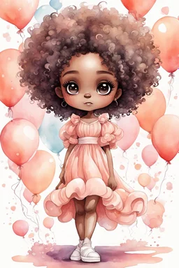 A watercolor fairytale style of a chibi cartoon wearing a peach maxi dress and white sandals. Prominent make up with hazel eyes. Highly detailed tight curl afro. Background of white and peach ballons everywhere.