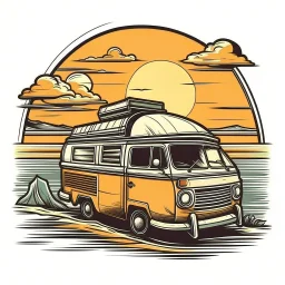 A retro camper van parked by the ocean, nostalgic, carefree, golden hour lighting, T-shirt design graphic, vector, contour, white background.