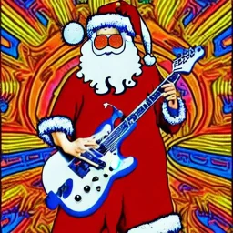 WOODSTOCK, hippie Santa playing electric guitar, psychedelic, peace sign, MUSHROOMS, TRIPPY, ACID, LSD, dreadlocks