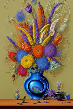 melted flowers in a glass vase, melted family pictures on the wall in the style of Salvador Dali's with green, blues, orange and purples, surrealism style