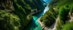 sentier naturel dans la falaise vertigineuse d'un canyon karstique très étroit surplombant une rivière avec des rapides dangereux