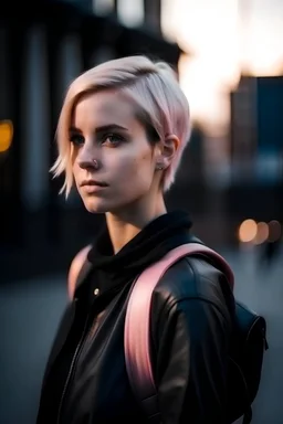 short and blond hair beautiful woman, 30+ years-old, who works in hight fashion, light pink background and serious vibe, for movie poster, black clothes, with the backpack, evening city view background, very cinematic,