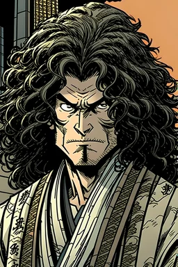 a typical japanese ronin with curly hair comic book style tales from the crypt