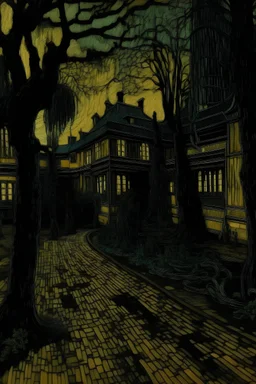 A black dark shadowy Japanese palace painted by Vincent van Gogh