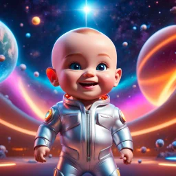 (masterpiece, best quality, 8k, RAW photo, beautiful and aesthetic:1.2), complex detail, Indirect light, photorealistic, (((full body))), Cosmic Boss Baby style smiling, bare head, colorfull Sci-Fi environment