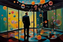 Madness, man in a suit, curiously wondering, stuck in a glass room, colourful bubbles and odd shapes, bizarre art, abnormal behaviour, surreal, random and thought provoking, pop surrealism, ((art by Francis bacon)), surreal composition, moody vivid dark, flat colour floor, psychological, intriguing, paradoxical Art