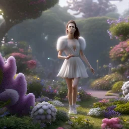 pixar style, volumetric summer garden environment and background, realistic painting of Kristen Stewart, looking excited, volumetric lighting, dramatic lighting, detailed digital painting, extreme dense and fine fur, anime, ornate, colour-washed colors, elegant, small minutiae, tiny features, particulars, centered, smooth, sharp focus, renderman gofur render, 8k, uhd, detailed eyes, realistic shaded volumetric lighting, sunlight caustics, backlight, centered camera view