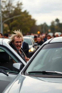 A very angry and bitter punk rocker tries to get in his car, while a other car is to close on a crowded parking lot