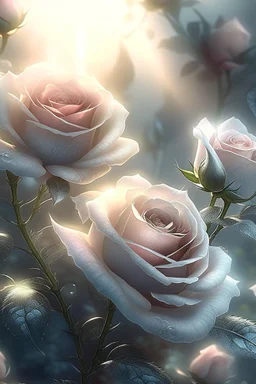 magic rose flowers,delicate petals,natural light ,sunlight,dew,fine ink drawing,landscape,fog,lots of details,realistic,high quality,3d, work of art,hyperdetalization,professionally,filigree,hazy haze,hyperrealism,transparent,delicate pastel tones,back lighting,contrast,fantastic,unreal,translucent,glowing,clear lines,horror,epic,fabulous,fabulous landscape