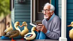 confused older man using cellphone on his porch surrounded by many ducks