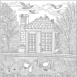 GARDEN HOUSE, "Mystical Mornings: Bring the magic of early mornings to life.", full view, realistic, coloring page, only draw lines, coloring book, clean line art, wildlife-inspired, kid style, –no sketch, color, –ar 3:4, white background, minimalistic black lines, 8k, minimal black color, low level black colors, coloring page, use pure black and white colors, avoid thick black colors, thin black line art, avoid colors, perfect shape, perfect clear lines, clear edges,